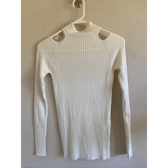 Jac Parker Ivory Cream Ribbed Cut Out Mock Neck Sweater Shirt Women Small/Medium - Picture 1 of 5
